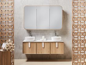 Adorn 2 vanity with Carrara Tulip handle and Cloud shaving cabinet landscape - American Oak