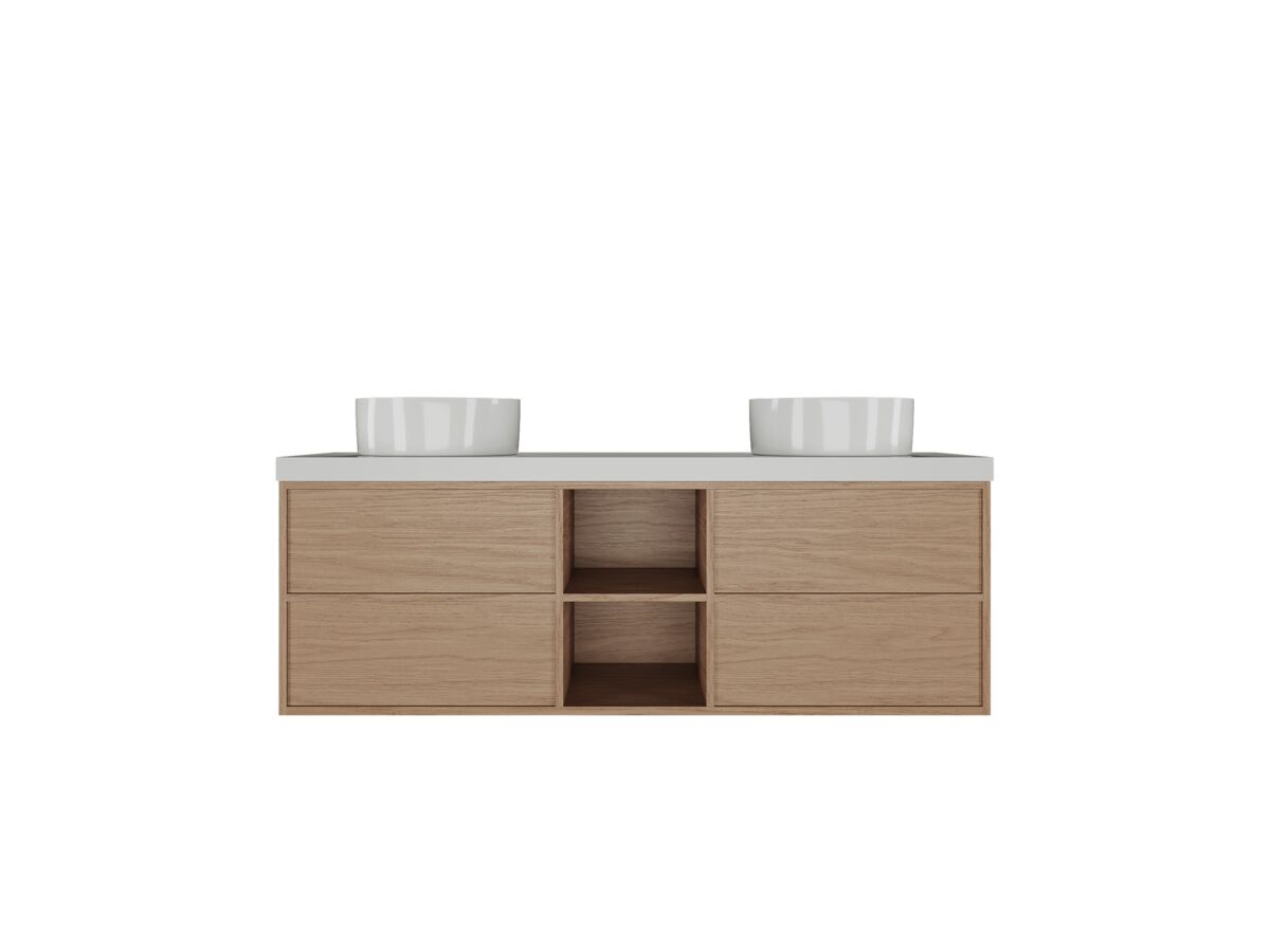 Hero - Kado Aspect Shelf Vanity Unit 1500mm Double Bowl 4 Drawer Caesarstone Mineral 50mm Top - Boston Oak