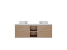 Hero - Kado Aspect Shelf Vanity Unit 1500mm Double Bowl 4 Drawer Caesarstone Mineral 50mm Top - Boston Oak