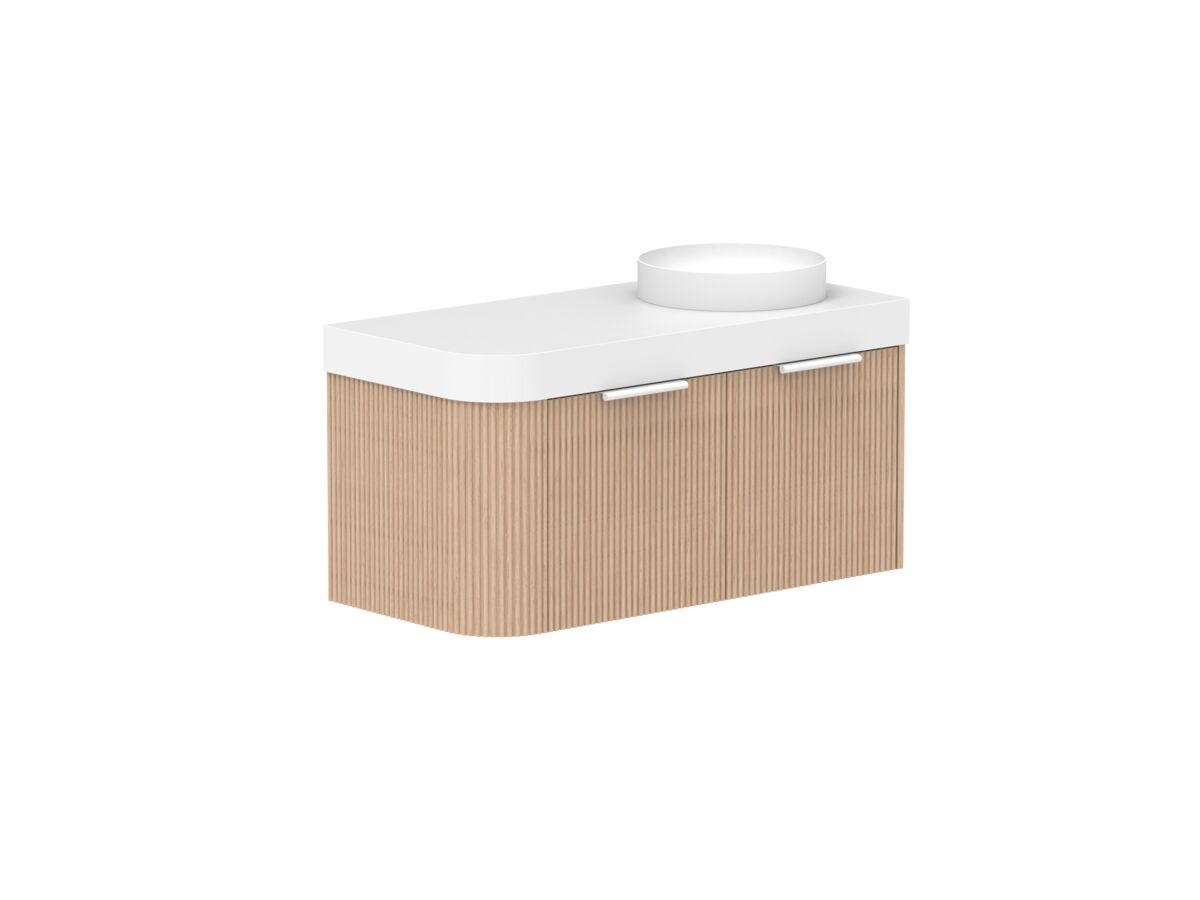 Supporting Image 2- Kado Neue Fluted Single Curve All Drawer 1050mm Wall Hung Vanity with Right Hand Basin Durasein 90mm Top Blonde Oak