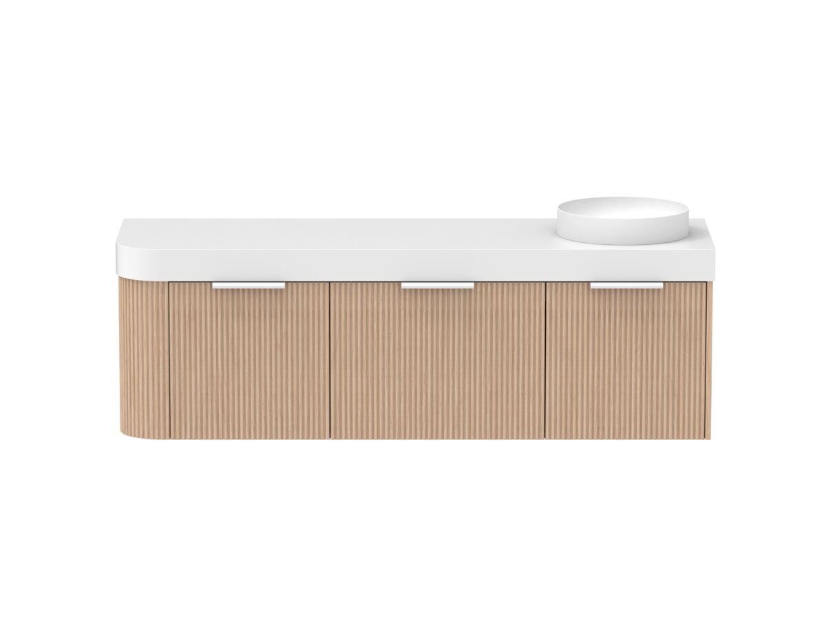 Supporting Image - Kado Neue Fluted Single Curve All Drawer 1650mm Wall Hung Vanity with Right Hand Basin Durasein 90mm Top Blonde Oak