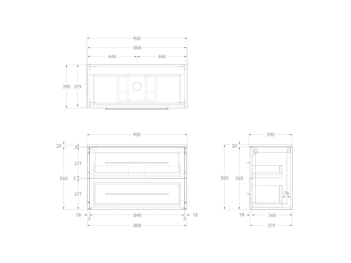 Technical Drawing - Kado Lux Ensuite All Drawer Twin 900mm Wall Hung Centre Basin 20mm Top