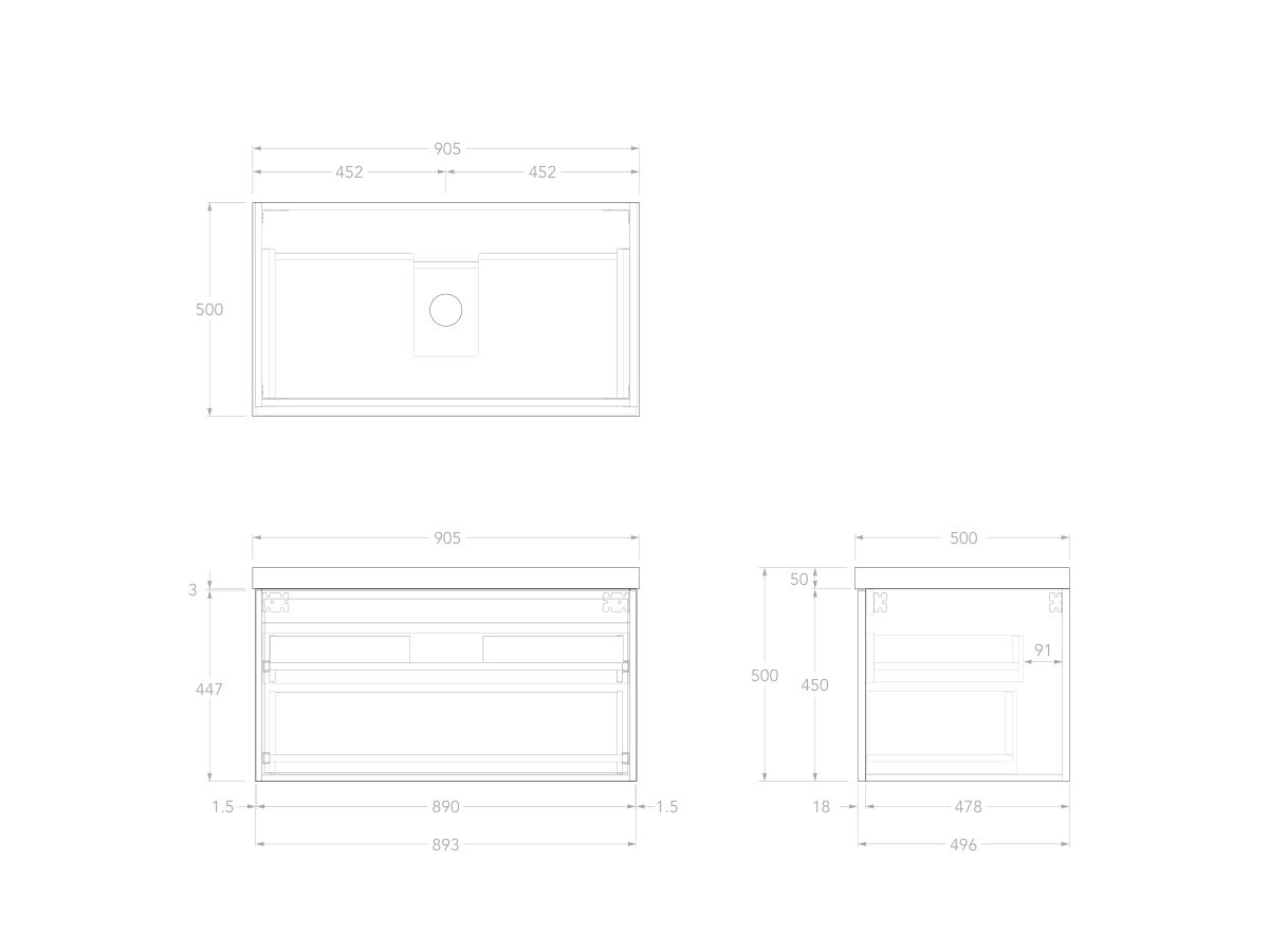 Technical Drawing - Kado Lux Slim All Drawer 900mm Wall Hung Vanity with Centre Basin 50mm Top