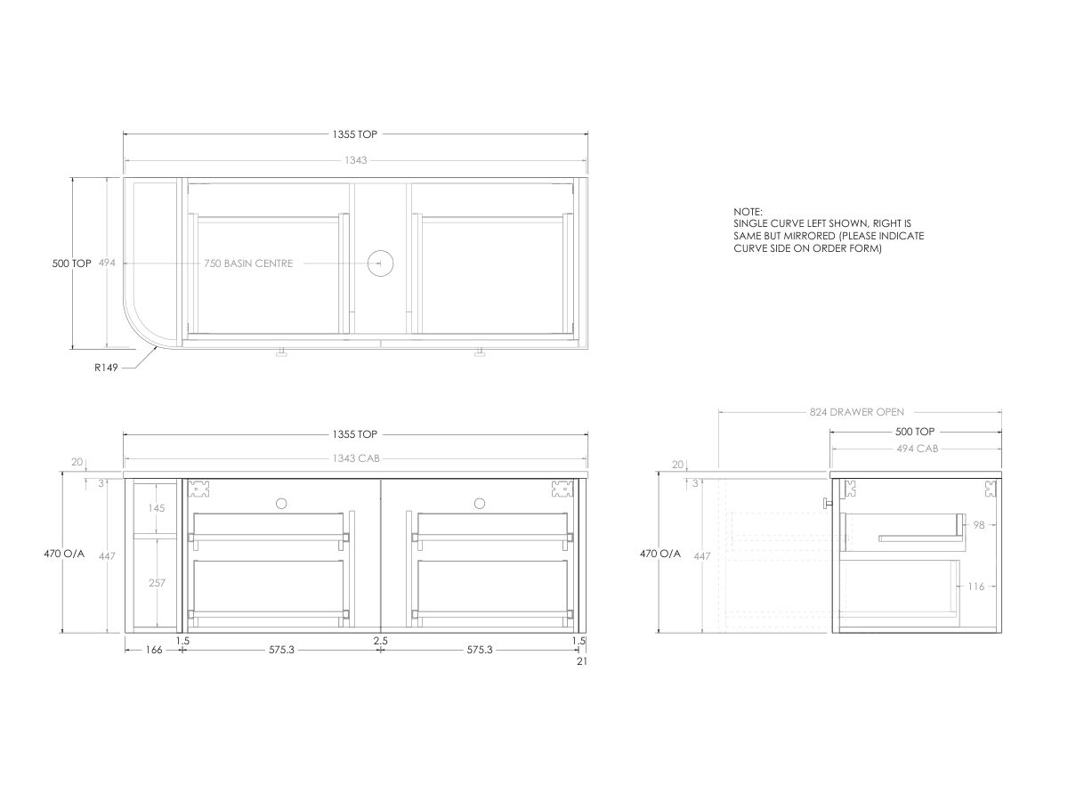 Technical Drawing - Kado Era Single Curve All Drawer 1350mm Wall Hung Vanity with Centre Basin 20mm Top