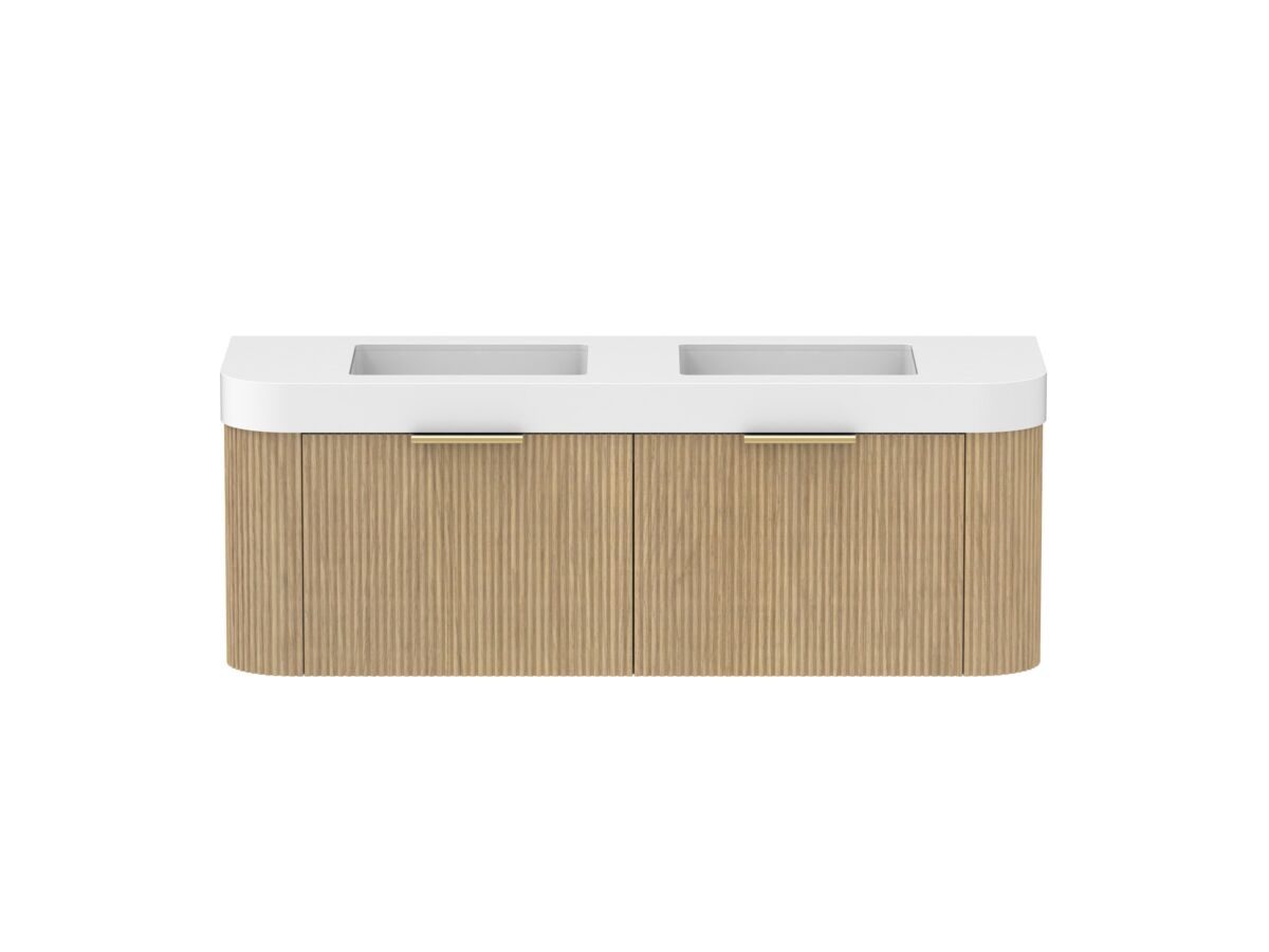 Supporting Image - Kado Neue Fluted Double Curve All Drawer 1500mm Wall Hung Vanity with Double Basin Durasein 90mm Top Boston Oak