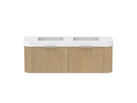 Supporting Image - Kado Neue Fluted Double Curve All Drawer 1500mm Wall Hung Vanity with Double Basin Durasein 90mm Top Boston Oak