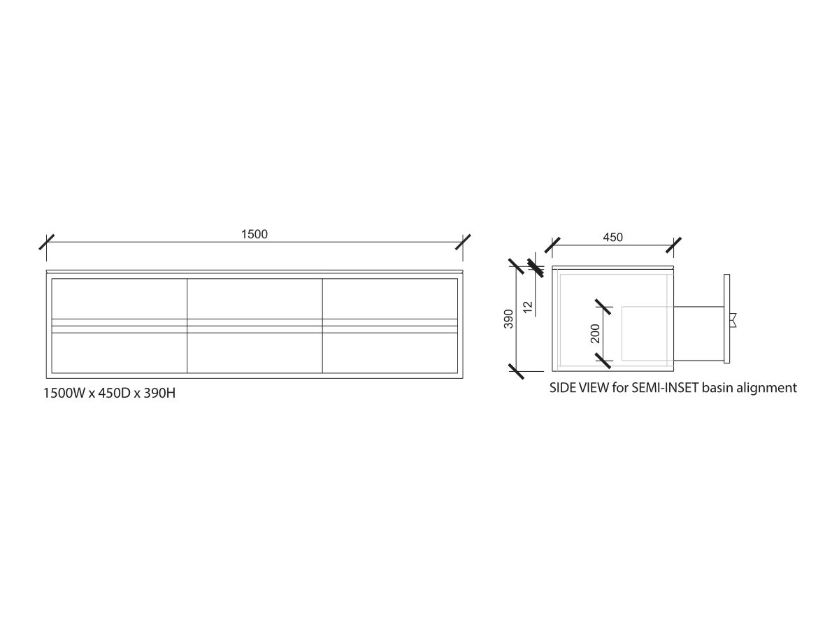 ISSY Z8 Vanity Unit 1500mm (W) x 450mm (D) x 390mm (H) 4/5 Drawer Semi Inset Basin