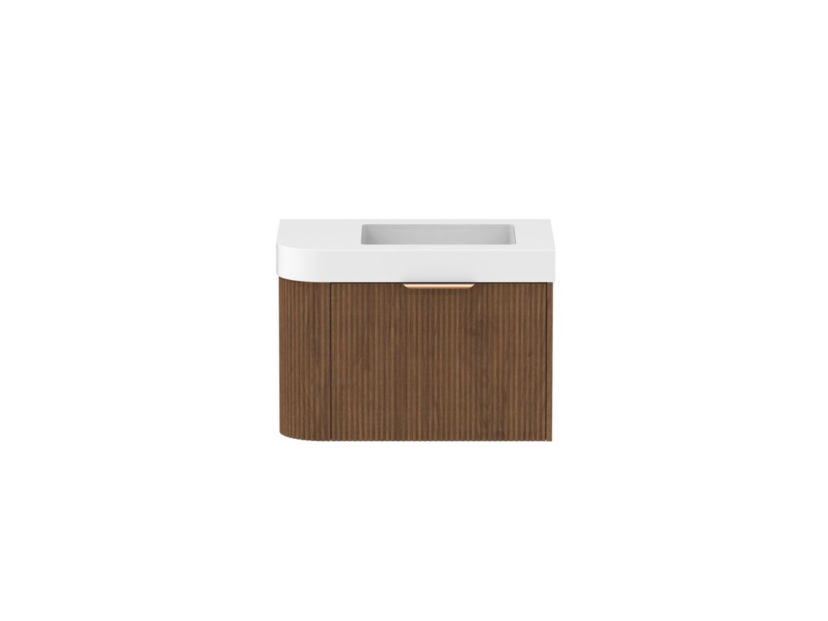 Supporting Image - Kado Neue Fluted Single Curve All Drawer 750mm Wall Hung Vanity with Centre Basin Durasein 90mm Top Florentine Walnut