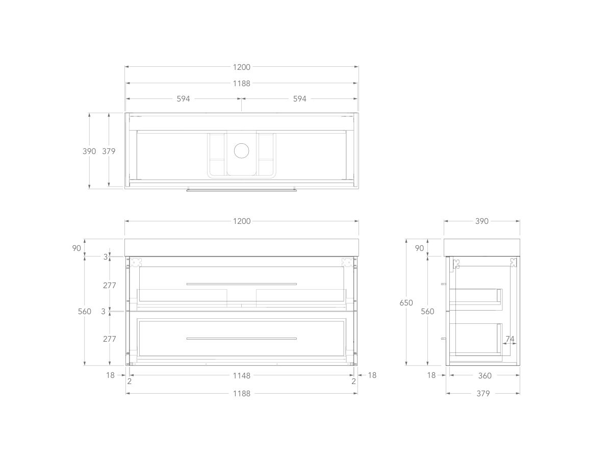 Technical Drawing - Kado Lux Ensuite All Drawer Twin 1200mm Wall Hung Centre Basin 90mm Top