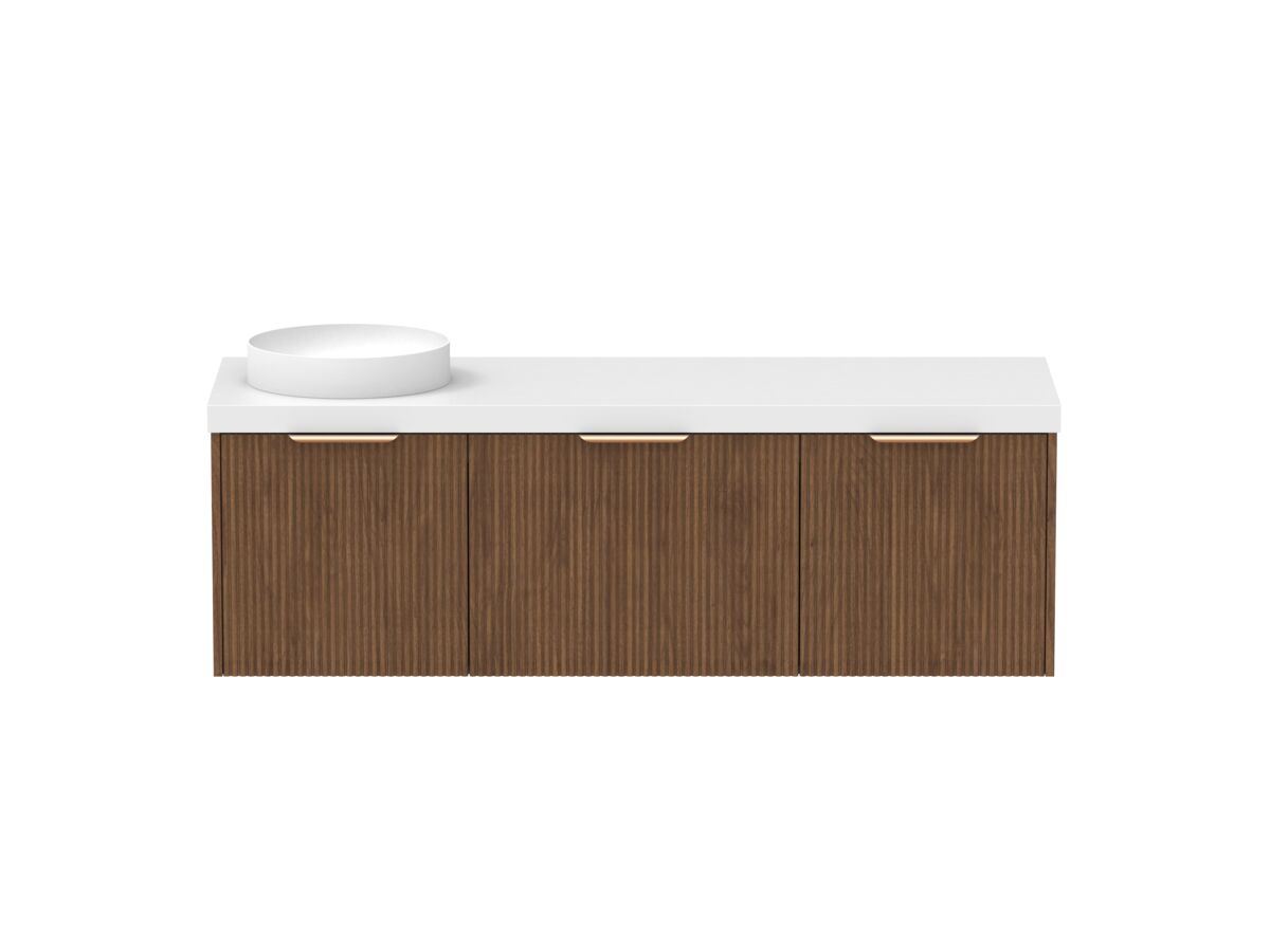 Supporting Image - Kado Neue Fluted Square All Drawer 1500mm Wall Hung Vanity with Left Hand Basin 50mm Top Florentine Walnut