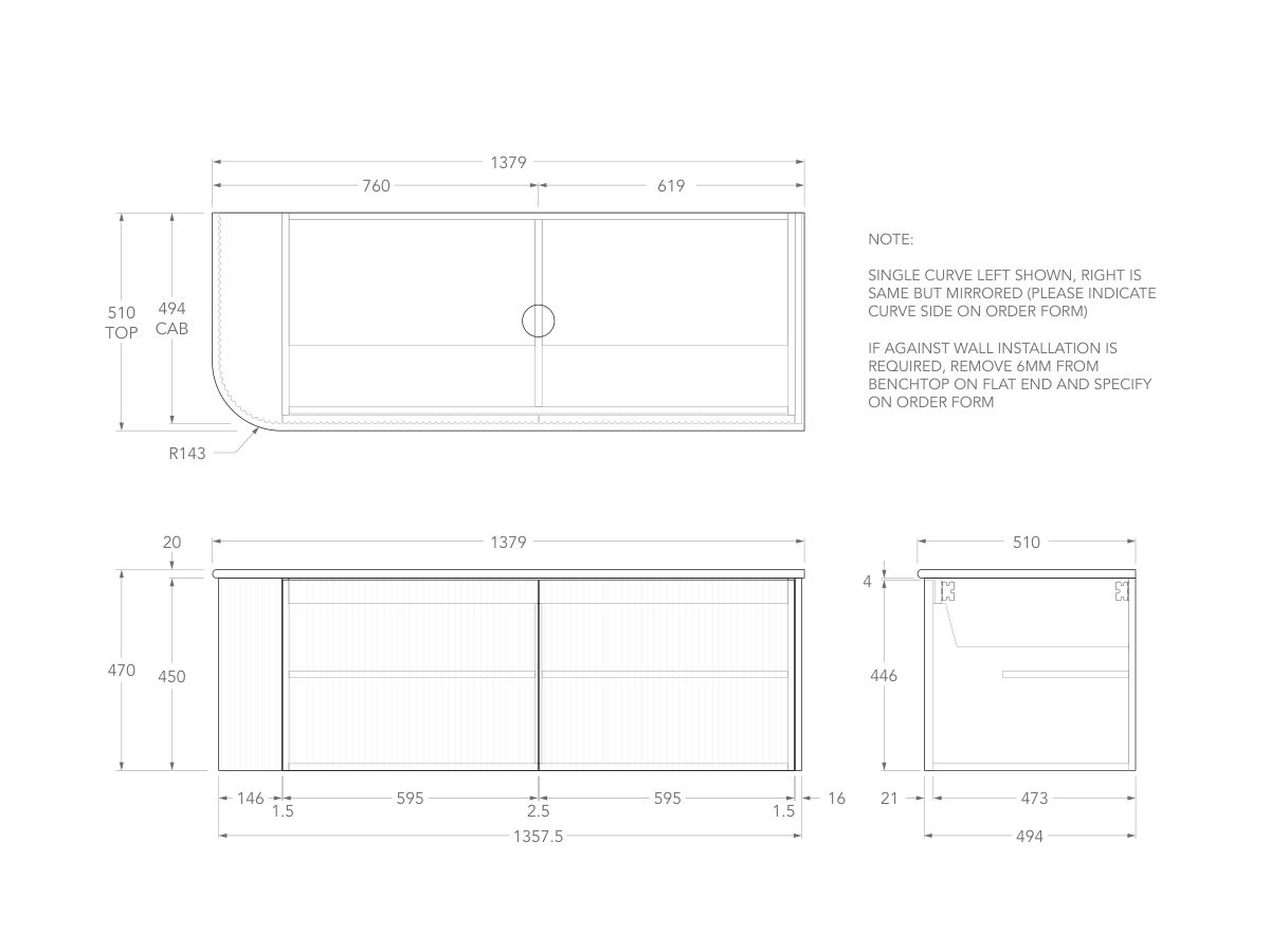 Technical Drawing - Kado Neue Fluted Single Curve All Door 1350mm Wall Hung Vanity with Centre Basin 20mm Top