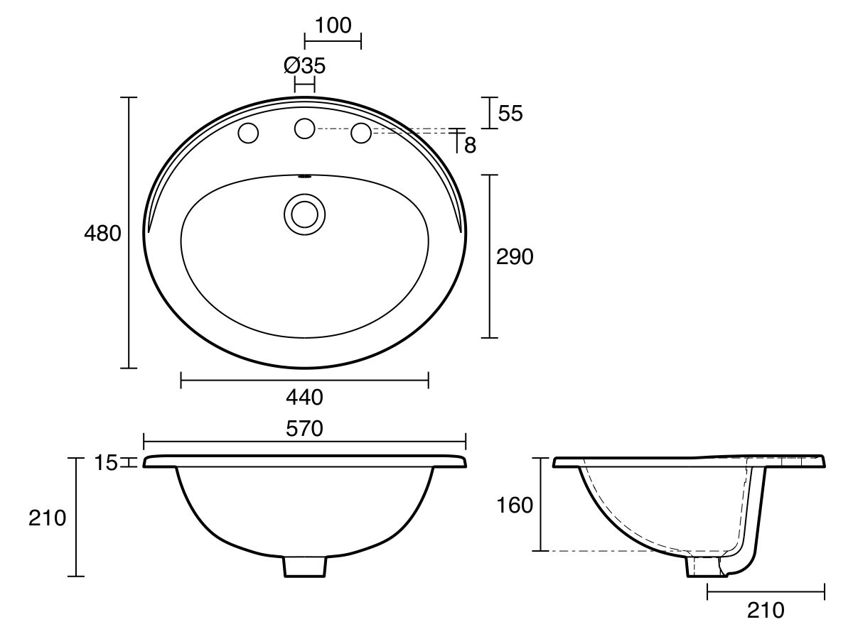 Technical Drawing - Base Vanity Basin with Overflow 3 Taphole 560 x 480mm White