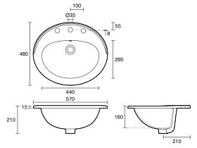 Technical Drawing - Base Vanity Basin with Overflow 3 Taphole 560 x 480mm White