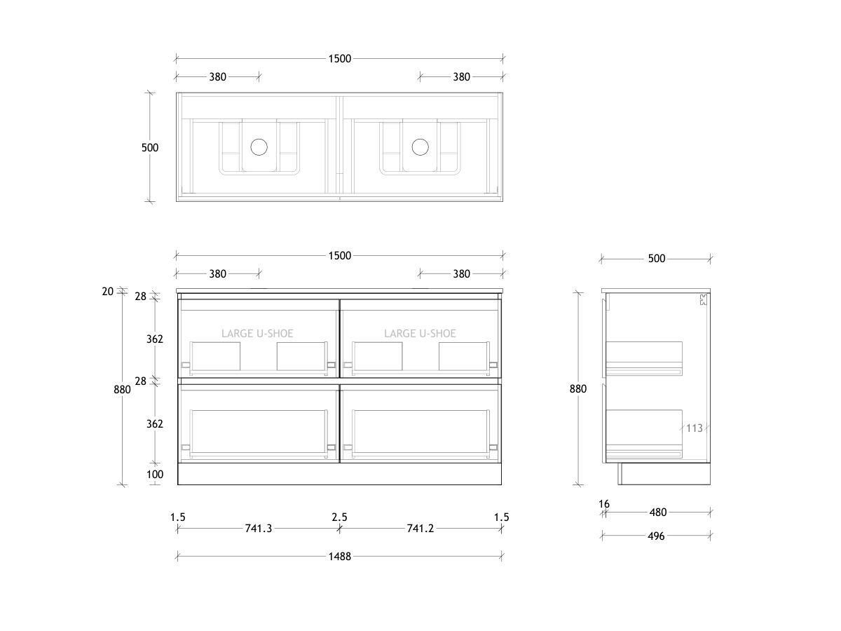 Posh Domaine & Domaine Plus All-Drawer Twin 1500mm Floor Mounted Vanity Unit Double Bowl (No Basin)