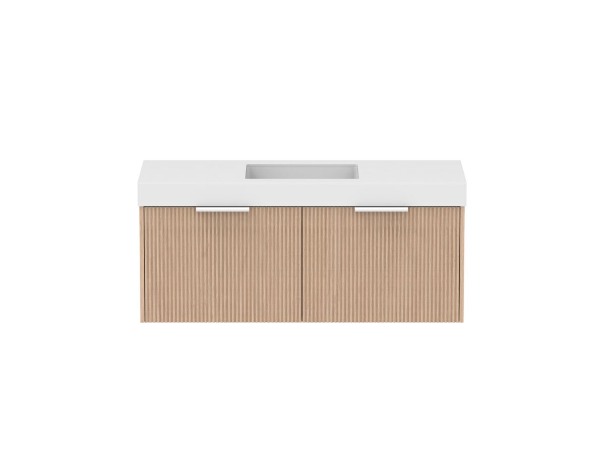 Supporting Image - Kado Neue Fluted Square All Drawer 1200mm Wall Hung Vanity with Centre Basin 90mm Top Blonde Oak