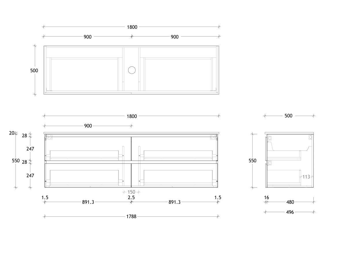 Technical Drawing - Posh Domaine All Drawer Twin 1800mm Wall Hung Vanity Centre Basin 20mm Top