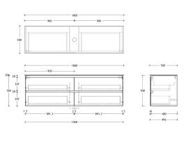 Technical Drawing - Posh Domaine All Drawer Twin 1800mm Wall Hung Vanity Centre Basin 20mm Top
