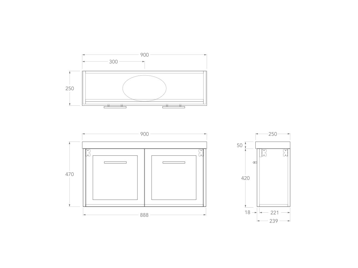 Technical Drawing - Kado Lux Petite Vanity Unit Wall Hung 900mm Centre Bowl 50mm Top (Basin Included)
