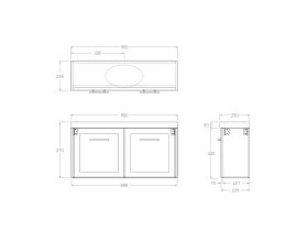 Technical Drawing - Kado Lux Petite Vanity Unit Wall Hung 900mm Centre Bowl 50mm Top (Basin Included)