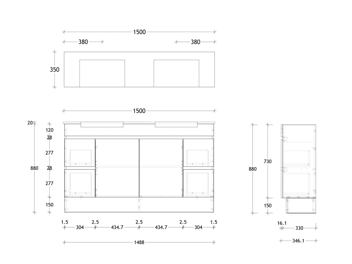 Posh Domaine 1500mm Floor Mount Vanity Unit Semi-Recessed Double Bowl Cherry Pie Top (no basin)