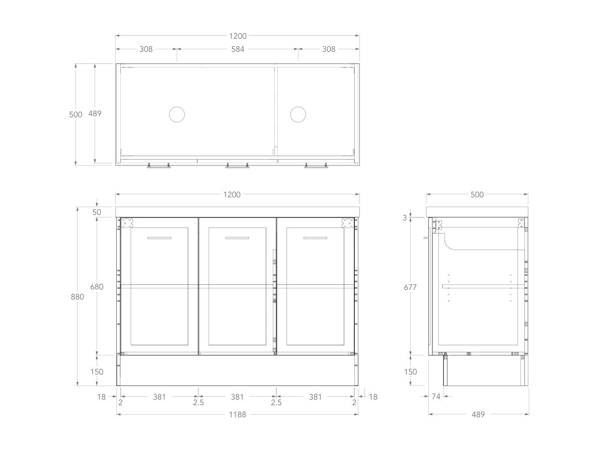 Technical Drawing - Kado Lux All Door 1200mm Double Bowl Floor Mount 50mm Top