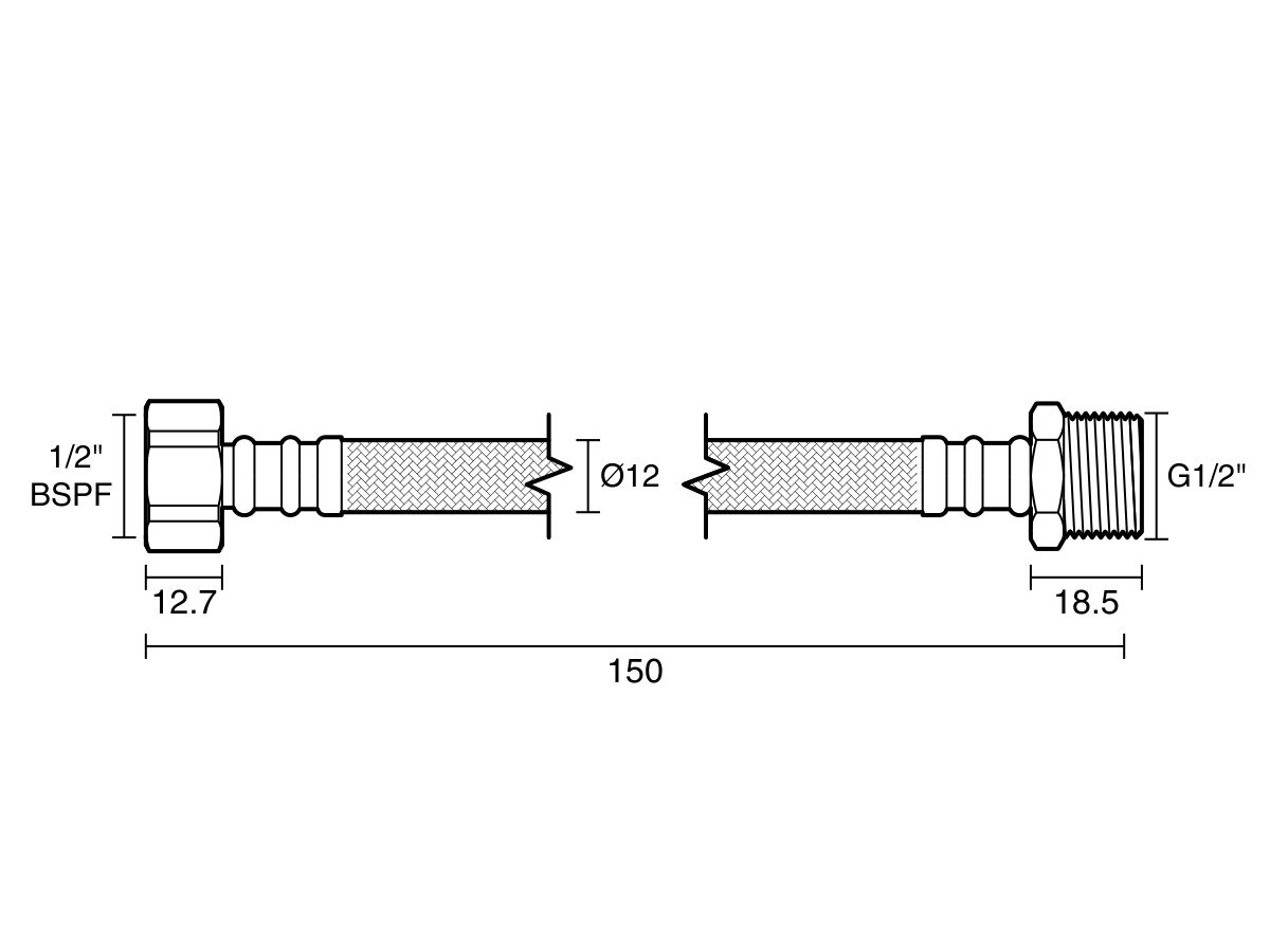Technical Drawing - Performa Mixer Tap Extension Hose Connector 150mm Stainless Steel Low-Temp Lead Free