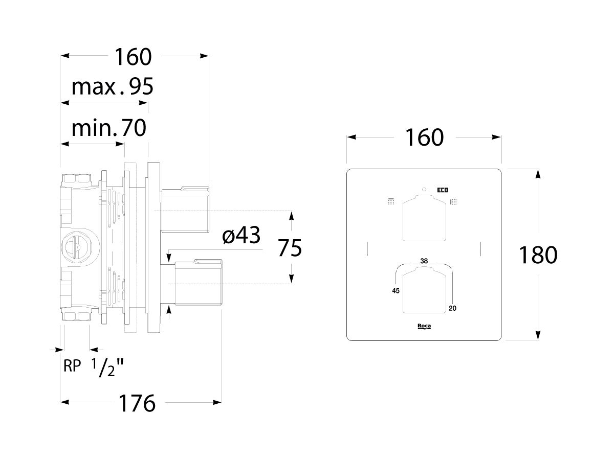 Roca L90-T Concealed Thermostatic Shower Mixer with Diverter Chrome