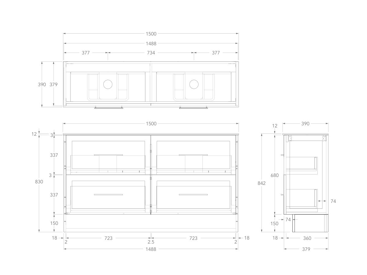 Technical Drawing - Kado Lux Ensuite All Drawer Twin 1500mm Floor Mount Double Basin 12mm Durasein Top