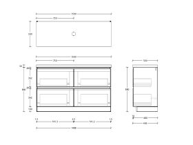Technical Drawing - Posh Domaine All-Drawer Twin 1500mm Floor Mounted Vanity Unit Single Bowl 50mm Top