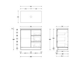 Technical Drawing - Posh Domaine 900mm Floor Mount Vanity Unit Conventional 50mm Top