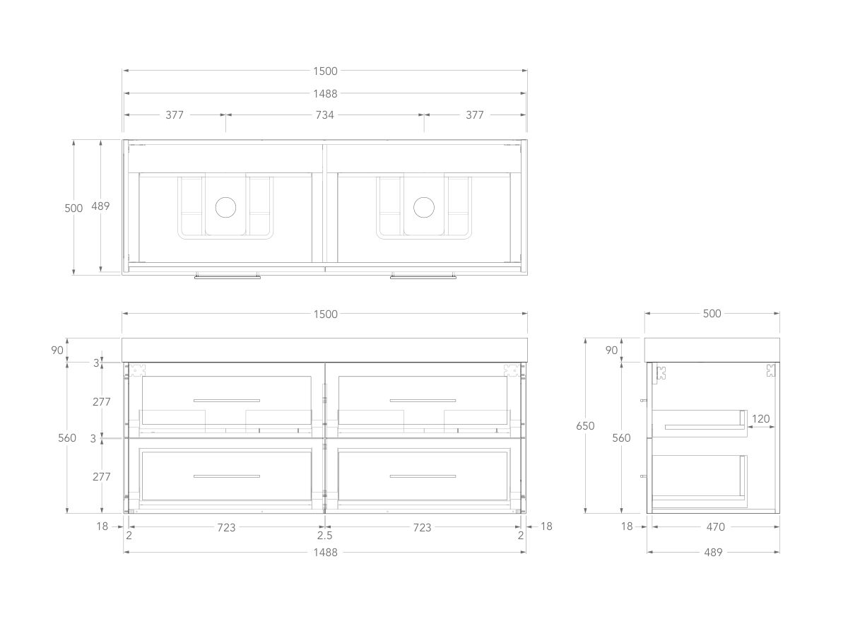 Kado Lux Drawer Vanity Unit Wall Hung 1500 Double Bowl Statement Top 4 Drawers (No Basin)