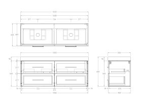 Kado Lux Drawer Vanity Unit Wall Hung 1500 Double Bowl Statement Top 4 Drawers (No Basin)