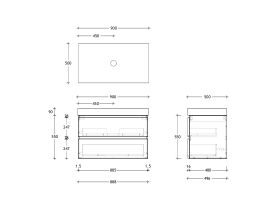 Technical Drawing - Posh Domaine 900mm Wall Hung Twin Vanity Unit All-Drawer 90mm Top