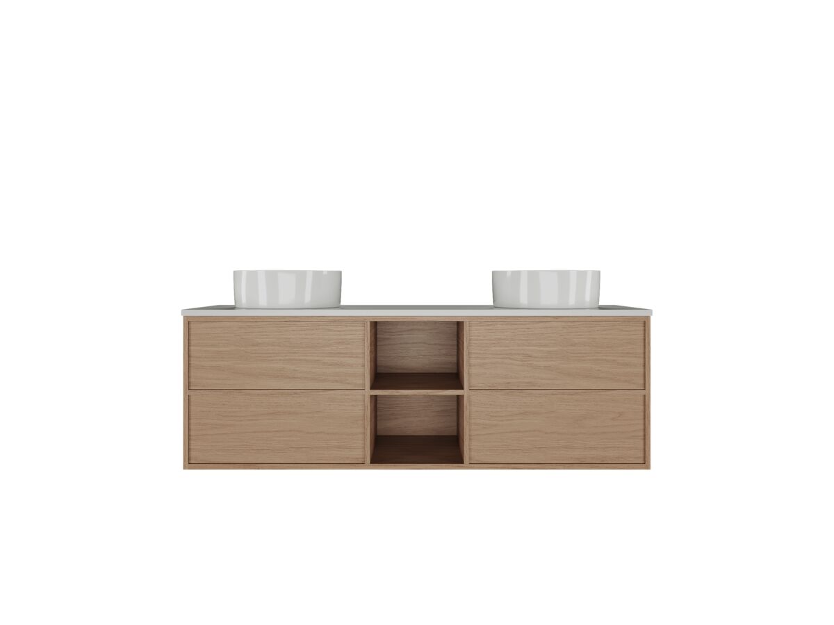Hero - Kado Aspect Shelf Vanity Unit 1500mm Double Bowl 4 Drawer Caesarstone Mineral 20mm Top - Boston Oak