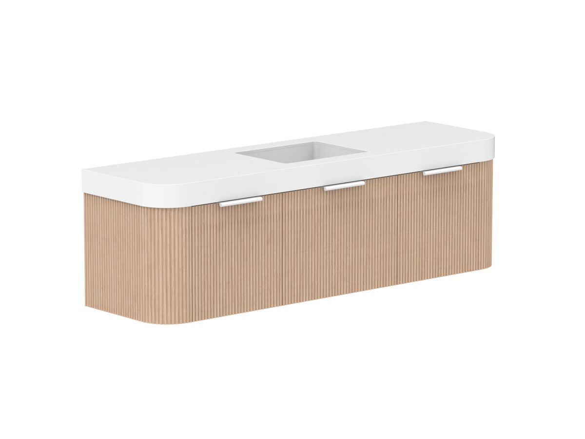 Supporting Image 2- Kado Neue Fluted Double Curve All Drawer 1800mm Wall Hung Vanity with Centre Basin Durasein 90mm Top Blonde Oak