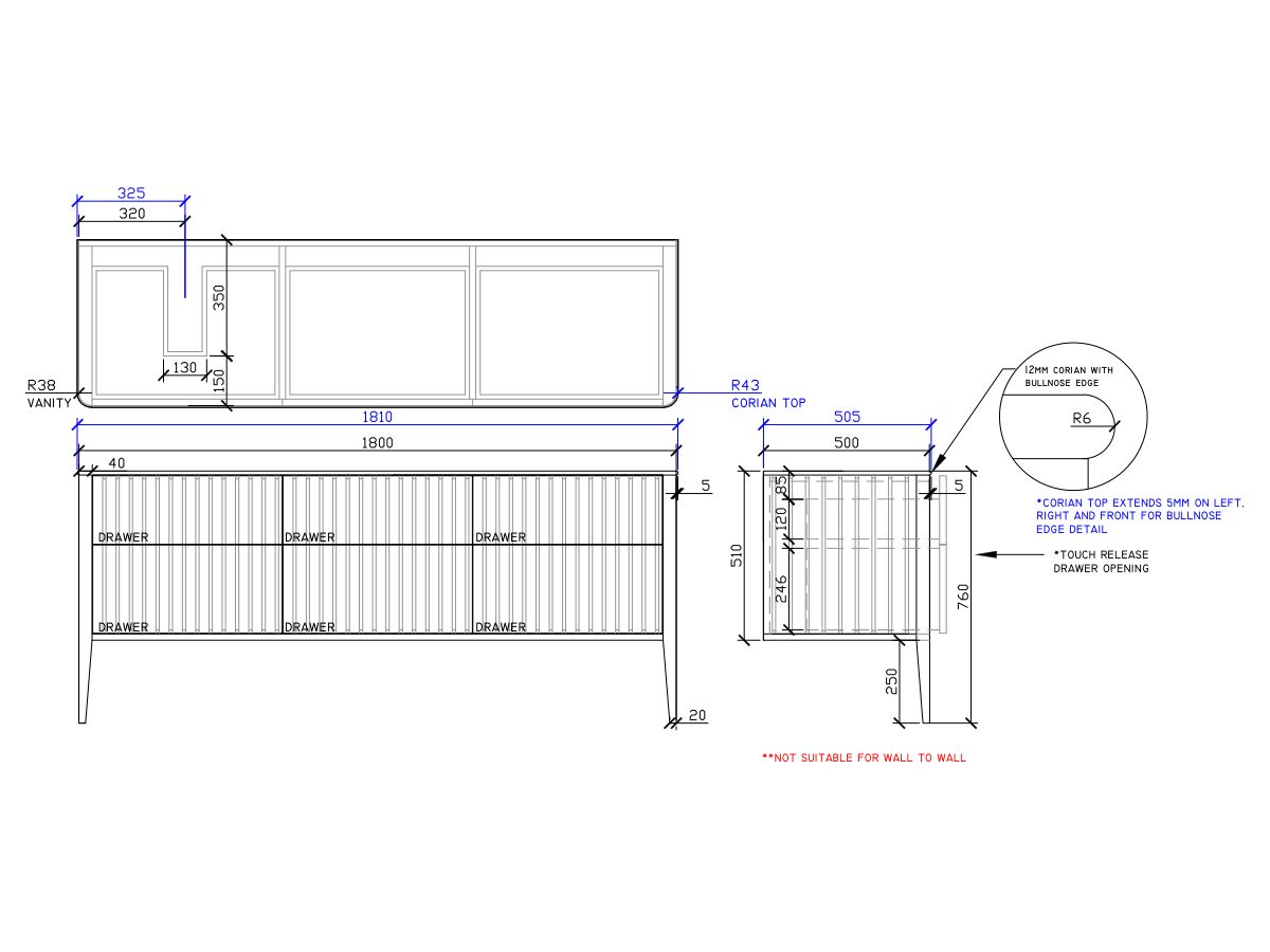 ISSY Cloud II 1800mm x 500mm x 760mm Vanity Unit with Legs 6 Touch Latch Drawers (No Basin)