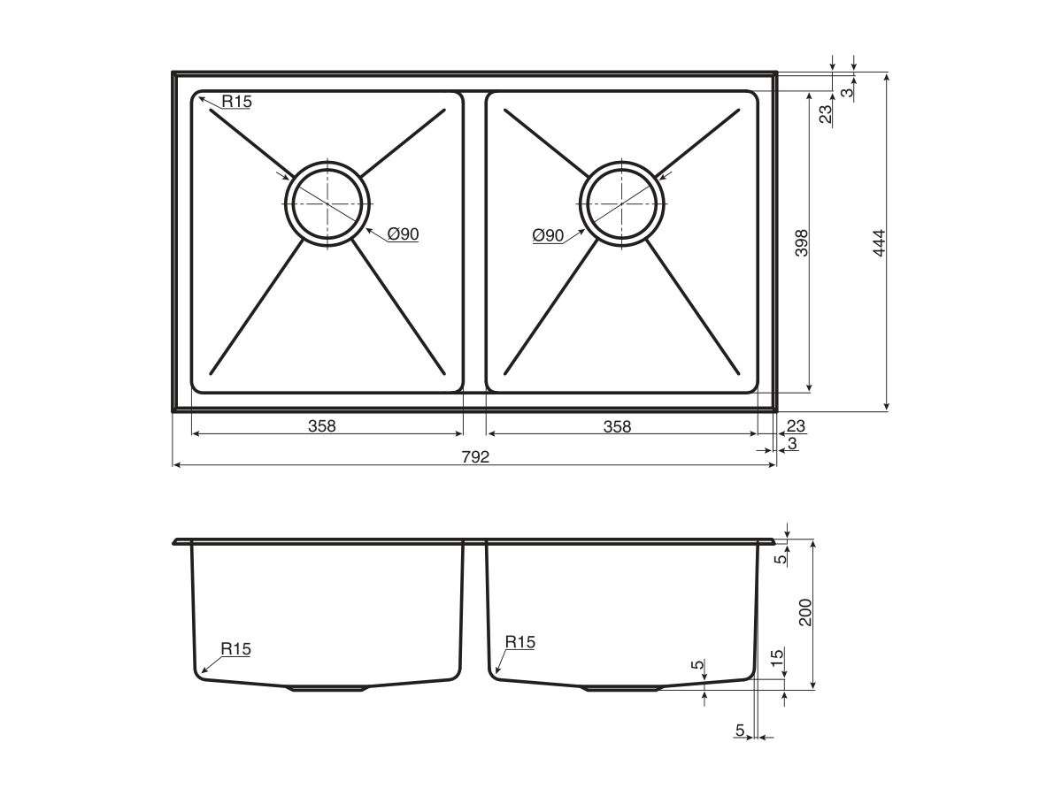 AFA Exact Double Bowl Inset/ Undermount Sink No Taphole 792mm Stainless Steel