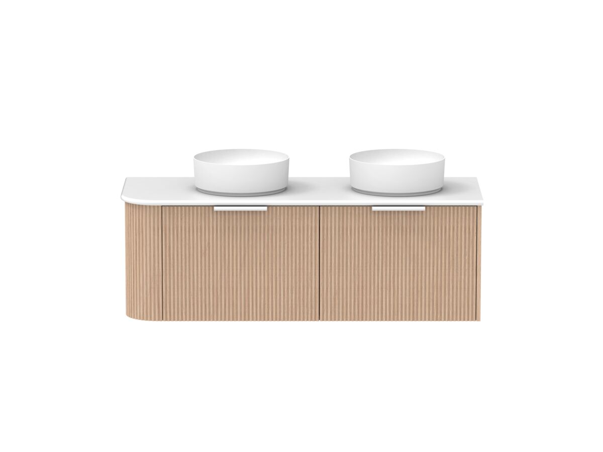Supporting Image - Kado Neue Fluted Single Curve All Drawer 1350mm Wall Hung Vanity with Double Basin 20mm Top Blonde Oak