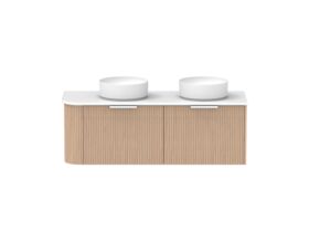 Supporting Image - Kado Neue Fluted Single Curve All Drawer 1350mm Wall Hung Vanity with Double Basin 20mm Top Blonde Oak