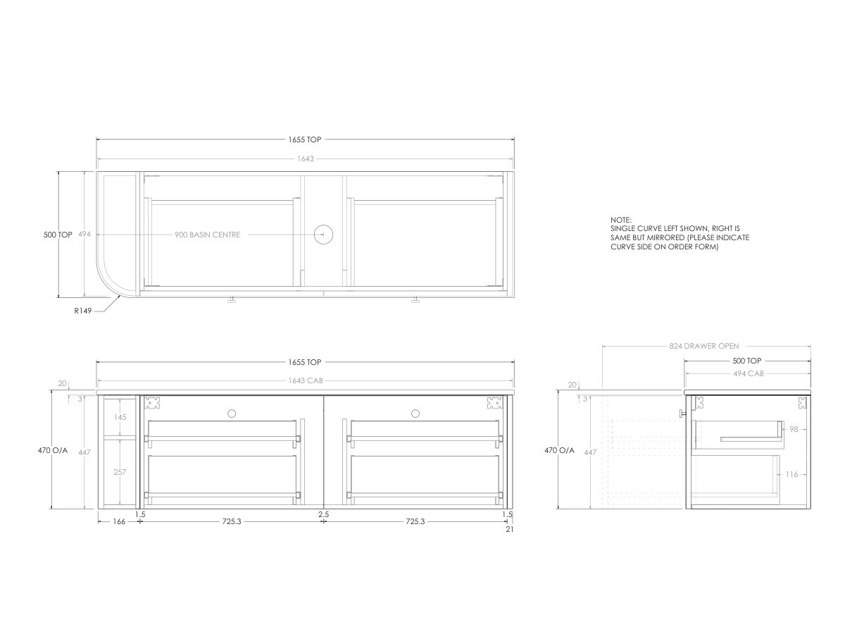 Technical Drawing - Kado Era Single Curve All Drawer 1650mm Wall Hung Vanity with Centre Basin 20mm Top