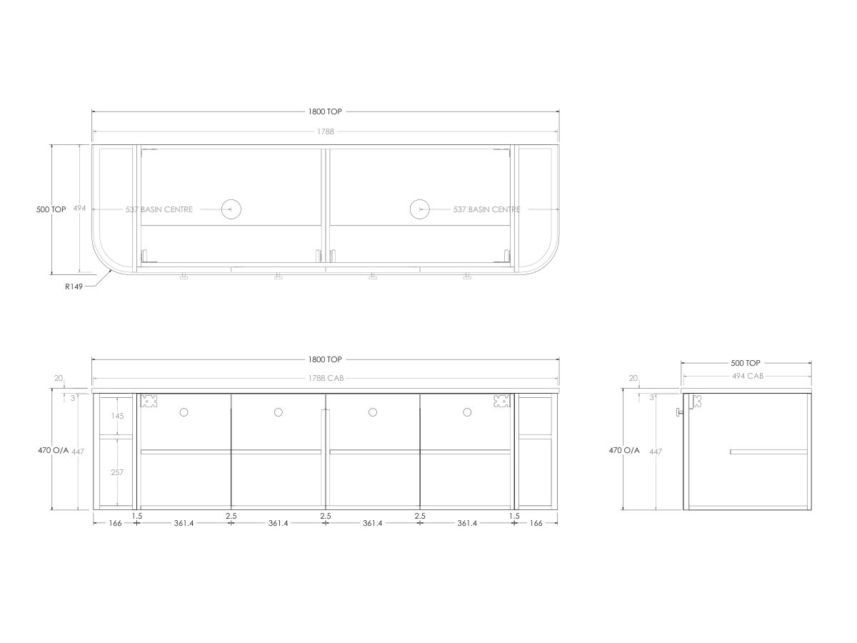 Technical Drawing - Kado Era Double Curve All Door 1800mm Wall Hung Vanity with Double Basin 20mm Top