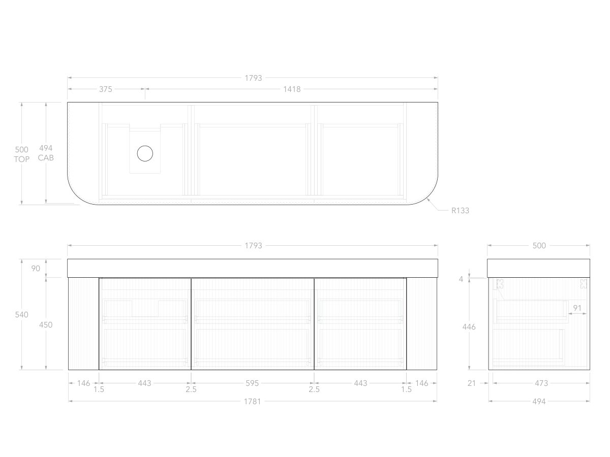 Technical Drawing - Kado Neue Fluted Double Curve All Drawer 1800mm Wall Hung Vanity with Left Hand Basin Durasein 90mm Top