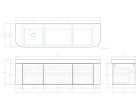 Technical Drawing - Kado Neue Fluted Double Curve All Drawer 1800mm Wall Hung Vanity with Left Hand Basin Durasein 90mm Top