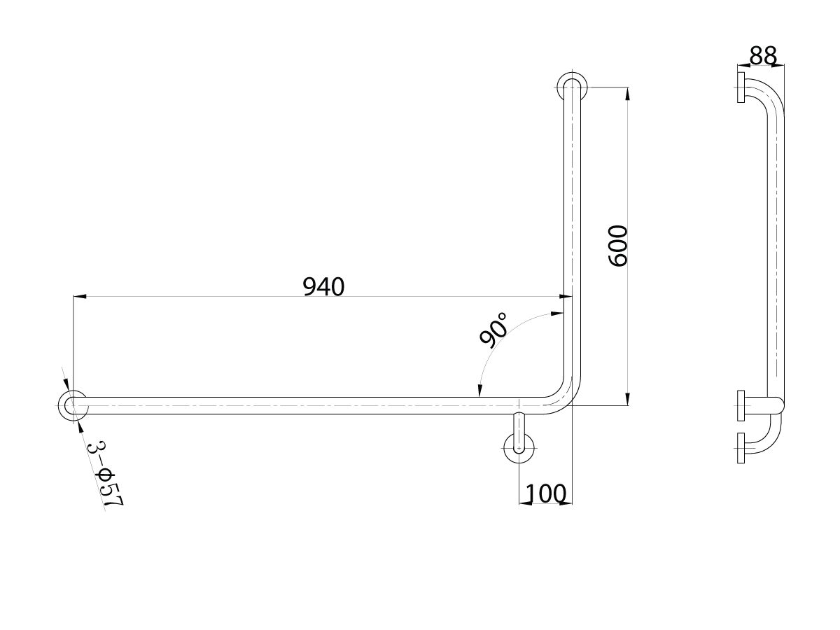 Mobi Grab Rail Left Hand 940mm x 600mm x 90 Degree Polished Stainless Steel