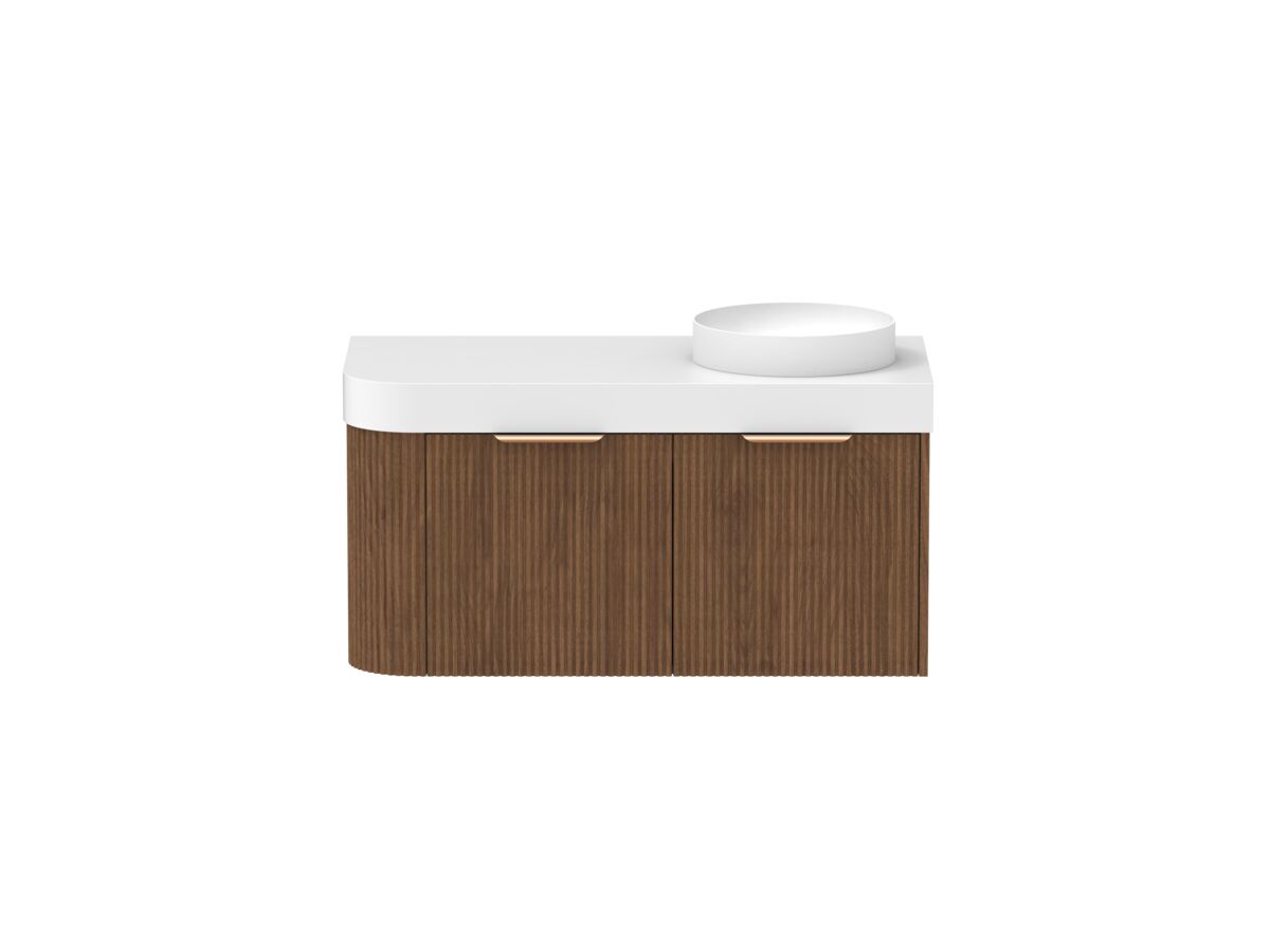 Supporting Image - Kado Neue Fluted Single Curve All Drawer 1050mm Wall Hung Vanity with Right Hand Basin Durasein 90mm Top Florentine Walnut