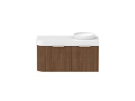 Supporting Image - Kado Neue Fluted Single Curve All Drawer 1050mm Wall Hung Vanity with Right Hand Basin Durasein 90mm Top Florentine Walnut