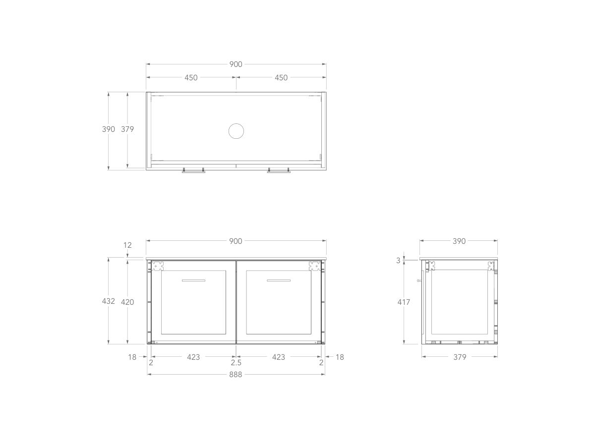 Technical Drawing - Kado Lux Ensuite All Door 900mm Wall Hung Centre Basin 12mm Durasein Top
