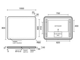 Technical Drawing - Kado Aspect Rectangle Veil LED Mirror 800mm X 1000mm