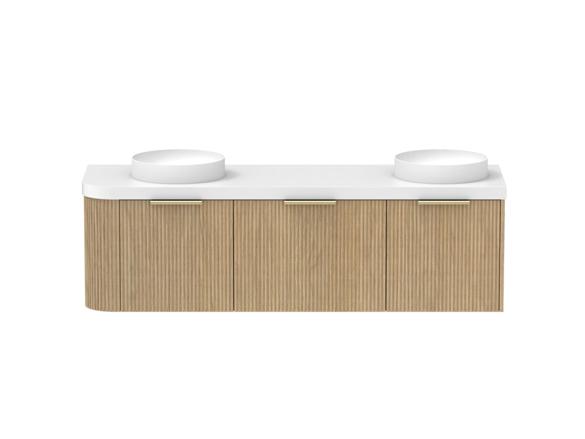 Supporting Image - Kado Neue Fluted Single Curve All Drawer 1650mm Wall Hung Vanity with Double Basin Durasein 50mm Top Boston Oak