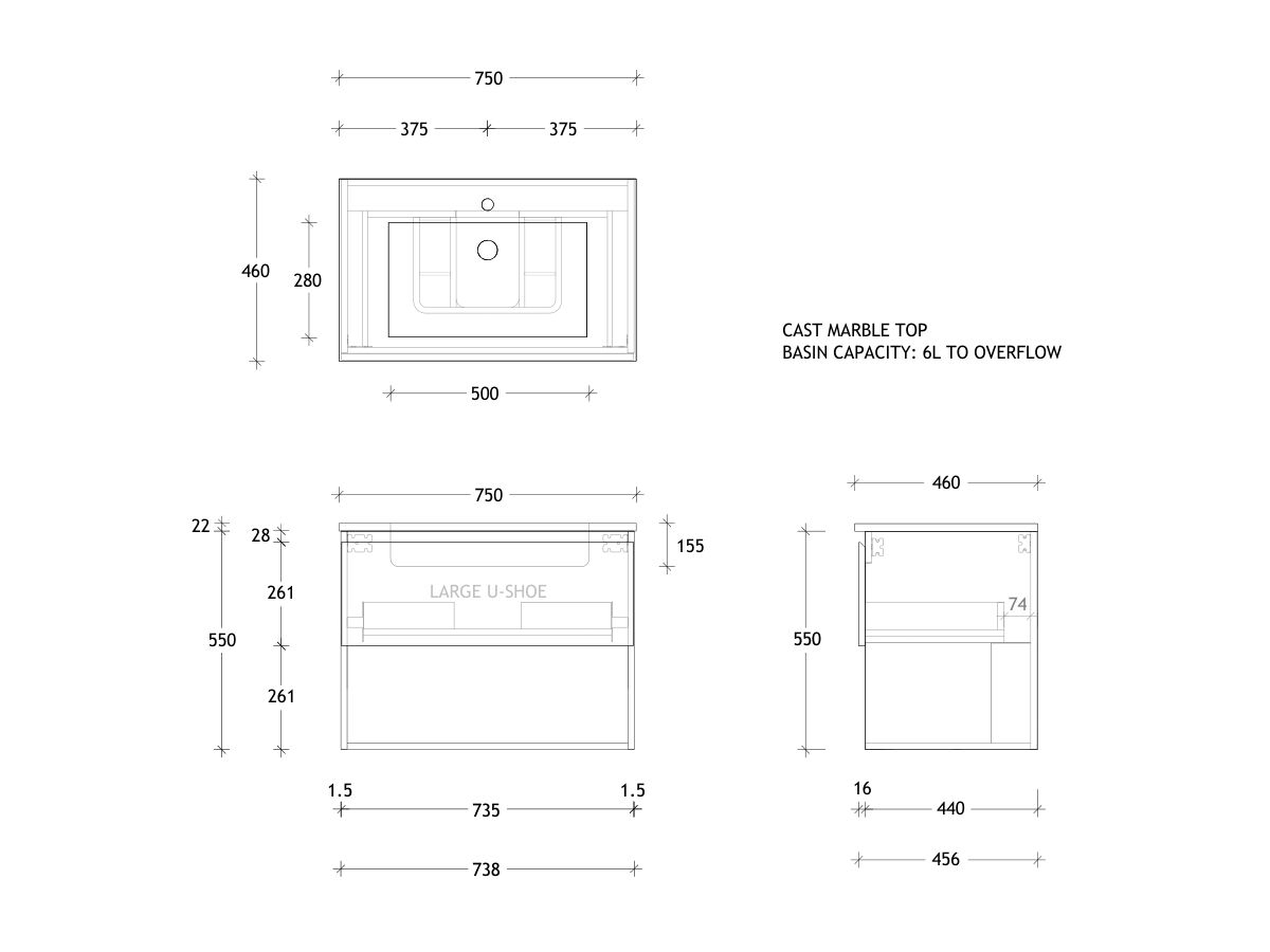 Posh Domaine Open Shelf All-Drawer 750mm Wall Hung Vanity Cast Marble Top Centre Basin